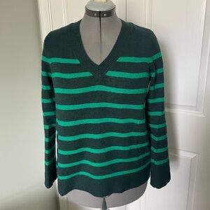 LOFT Green V-Neck Striped Sweater